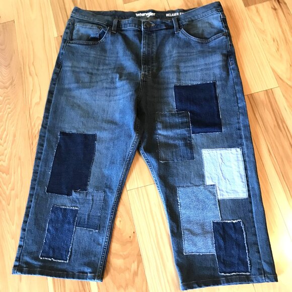 Men’s Patchwork Jeans Shorts, Size 40-30: Upcycled Distressed Denim on Denim - Picture 10 of 11